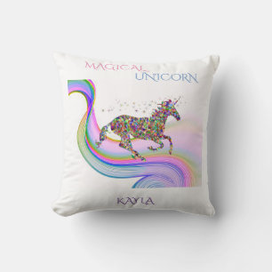 Magical unicorn throw pillow with child's name.