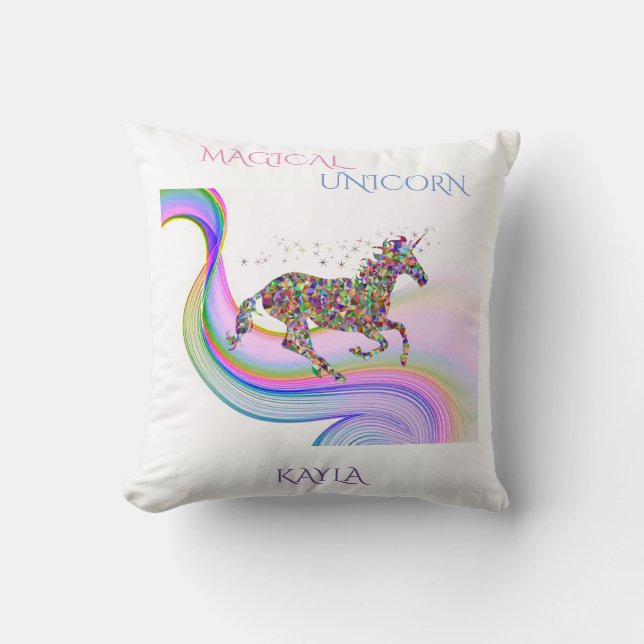 Magical unicorn throw pillow with child's name. (Front)