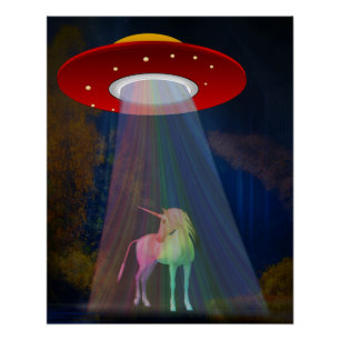 Magical Unicorn UFO Rainbow Beam at Night Glossy Poster