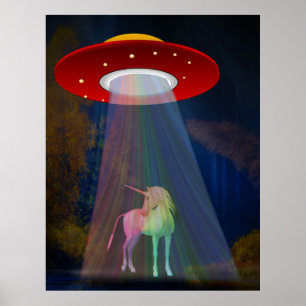 Magical Unicorn UFO Rainbow Beam at Night Poster