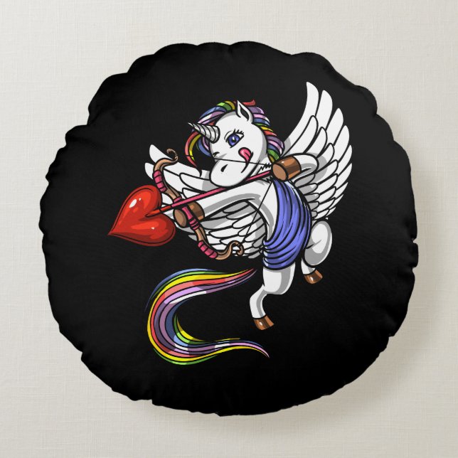 Magical Unicorn Valentines Day Love Cupid Round Cushion (Front)