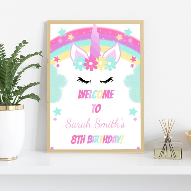 Magical Unicorn Welcome Sign,Rainbow Poster (Green Cloud Unicorn Welcome Signs)