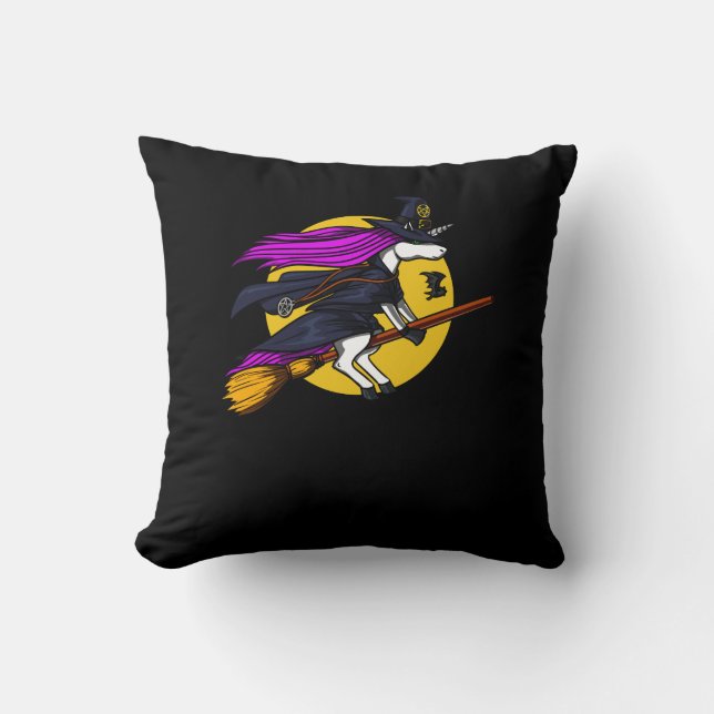 Magical Unicorn Witch Riding A Broom Halloween Cushion (Front)
