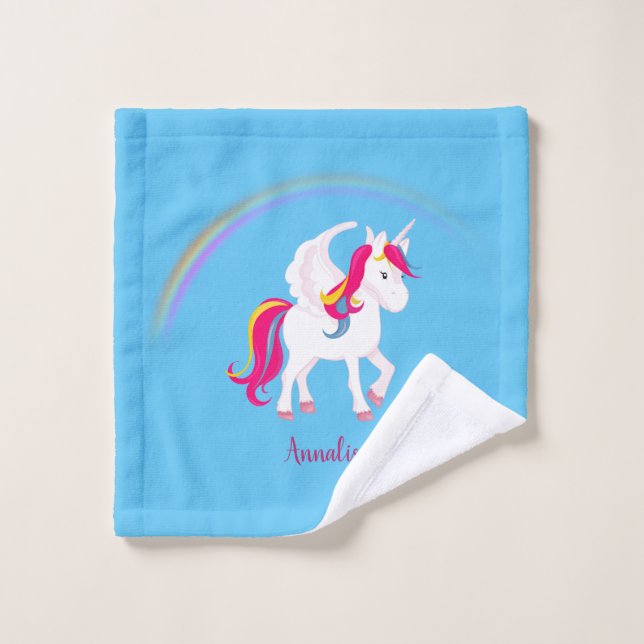 Magical Unicorn with Custom Name on Blue Wash Cloth (Wash Cloth)