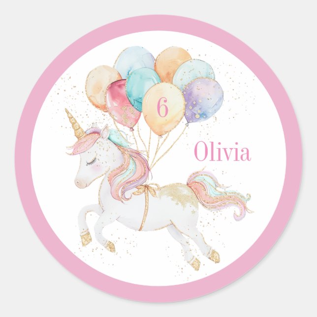 Magical Unicorn with Rainbow Balloons Name & Age Classic Round Sticker (Front)