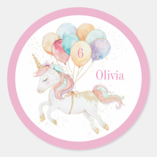 Magical Unicorn with Rainbow Balloons Name & Age Classic Round Sticker