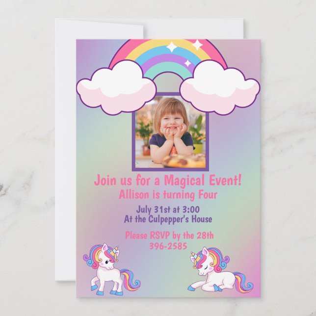 Magical Unicorns and Child Photo  Birthday Party  Invitation (Front)