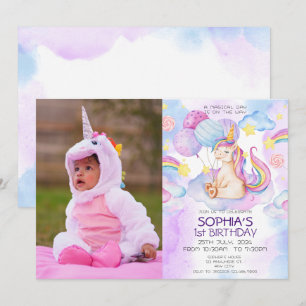 Magical Unicorns Purple Watercolor Birthday Party Invitation