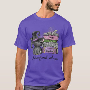 Magical Vibes Black Cat in Witch Hat Magic Books H T-Shirt