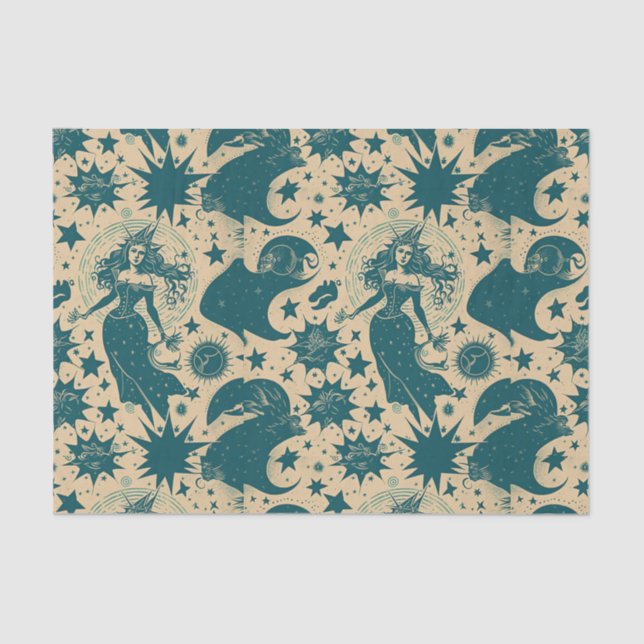 Magical Vintage Witch with Stars Decoupage Paper (Front)