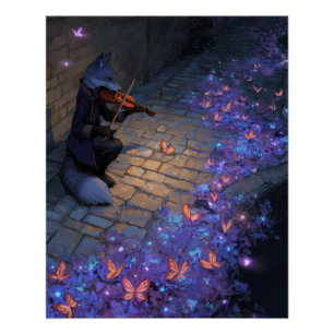 Magical Violin Fox with Glowing Butterflies Art Poster