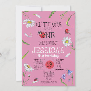 Magical Watercolor Cute 1st Birthday Girl Ladybug Invitation