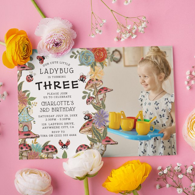 Magical Watercolor Ladybug Girls Birthday Photo Invitation (Creator Uploaded)
