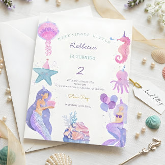 Magical Watercolor Mermaid 2nd Birthday  Invitation