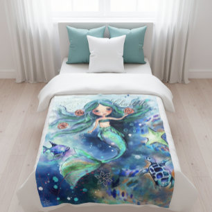Magical Watercolor Mermaid Personalised Kids  Fleece Blanket