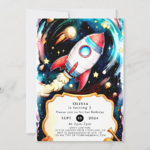 Magical Watercolor Rocket Birthday Invitation