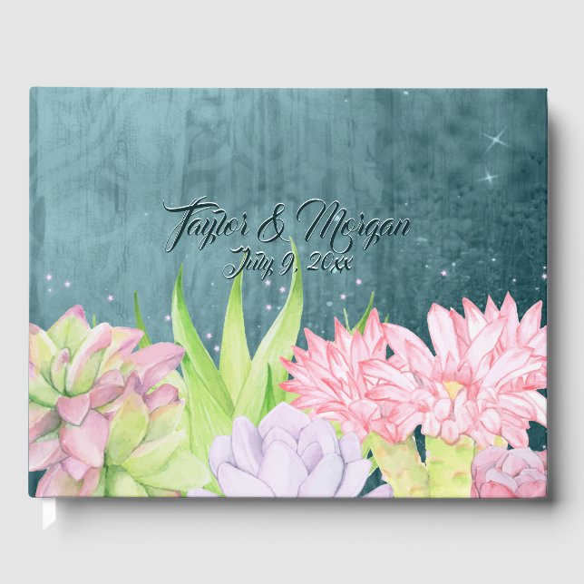Magical Watercolor Succulents teal-blue Wedding Guest Book (Front)