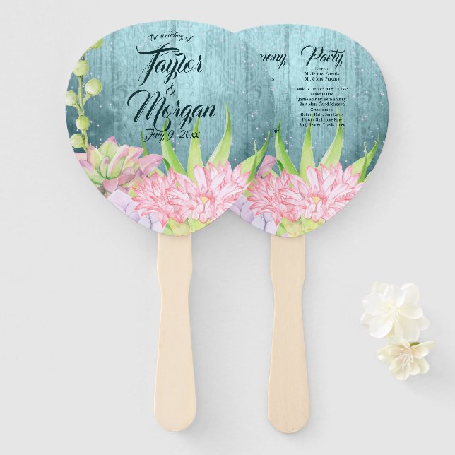 Magical Watercolor Succulents Teal Wedding Hand Fan (Front and Back)