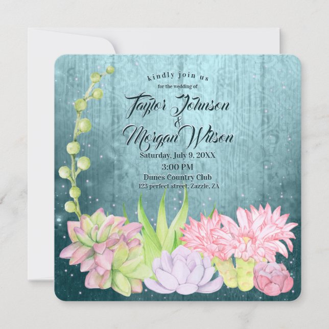 Magical Watercolor Succulents Teal Wedding Invitation (Front)