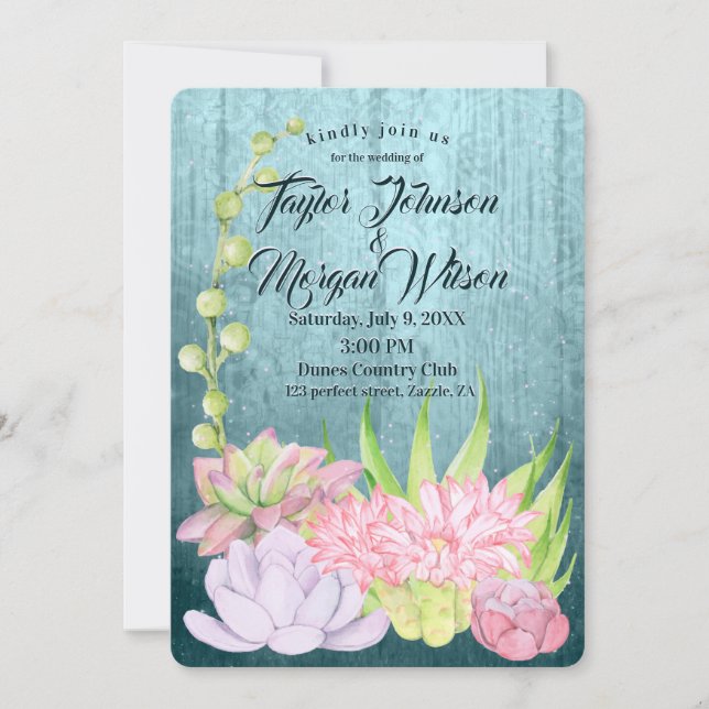 Magical Watercolor Succulents Teal Wedding Invitation (Front)