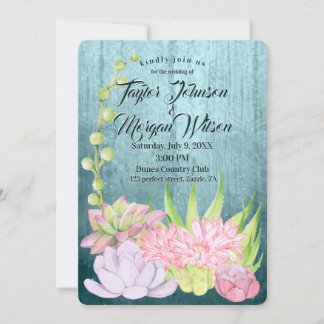 Magical Watercolor Succulents Teal Wedding Invitation