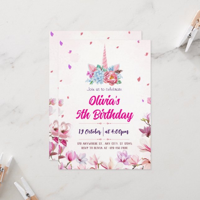 Magical Watercolor Unicorn Birthday Invitation  (Front/Back In Situ)