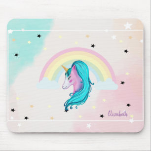 Magical Watercolor Unicorn, Rainbow, Stars Mouse Mat