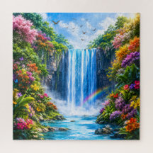 Magical Waterfall with Rainbow and Colourful Flowe