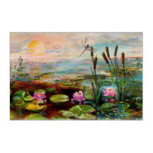 Magical Wetland Sunrise cattails and Dragonflies