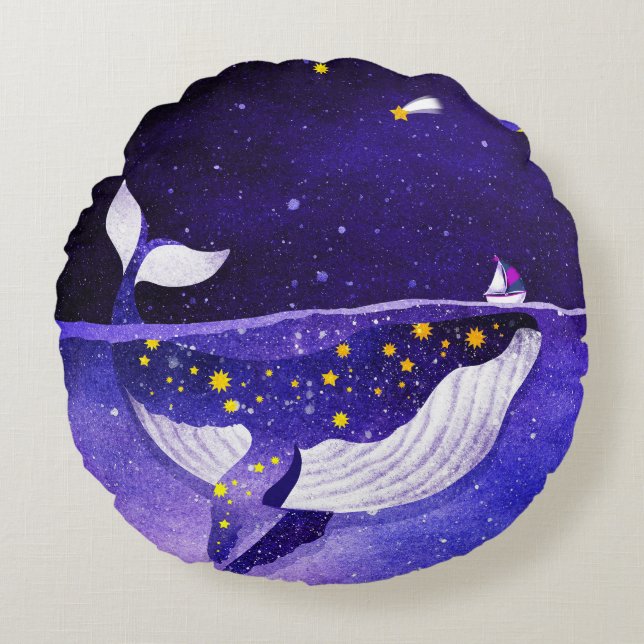 Magical Whale: Dark Ocean Night Round Cushion (Front)