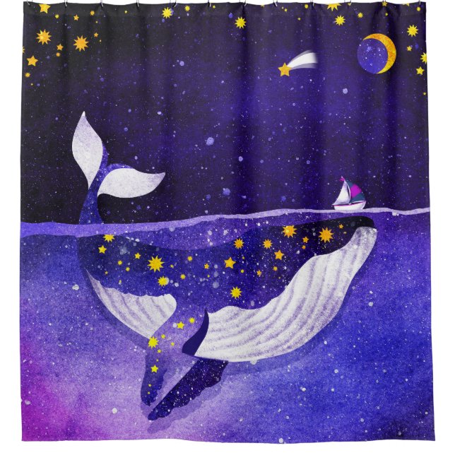 Magical Whale: Dark Ocean Night Shower Curtain (Front)