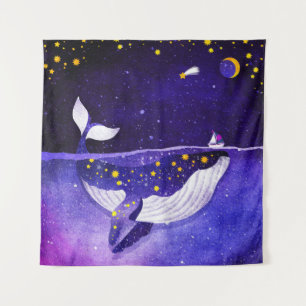 Magical Whale: Dark Ocean Night Tapestry