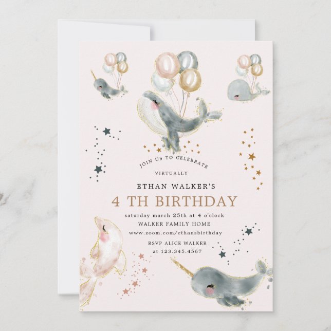 magical whales and stars virtual birthday party invitation (Front)