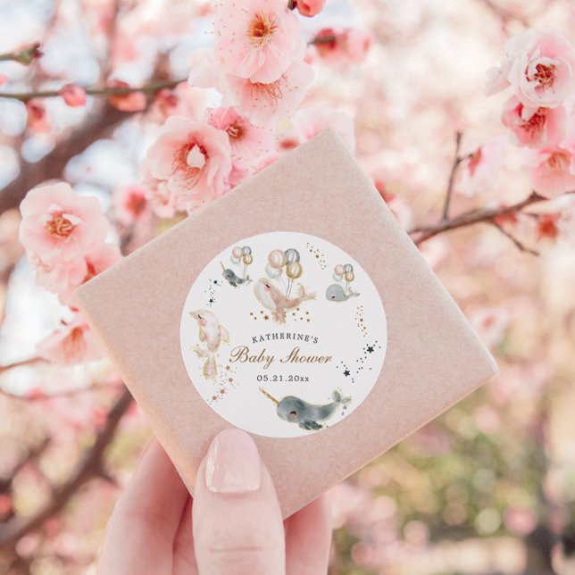 Magical Whales Balloons Stars Baby Shower Classic Round Sticker (Creator Uploaded)