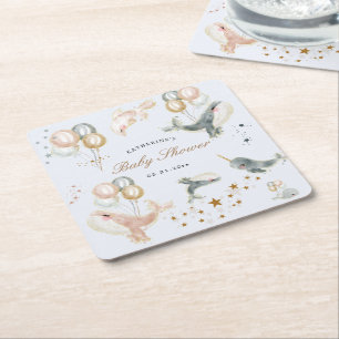 Magical Whales Balloons Stars Baby Shower Square Paper Coaster