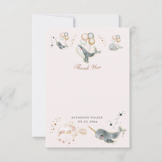 magical whales balloons stars baby shower  thank y thank you card (Front)