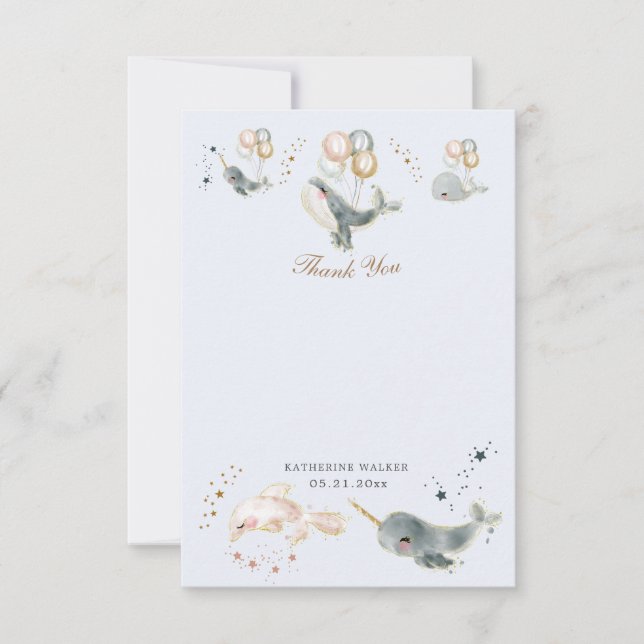 magical whales balloons stars baby shower thank you card (Front)