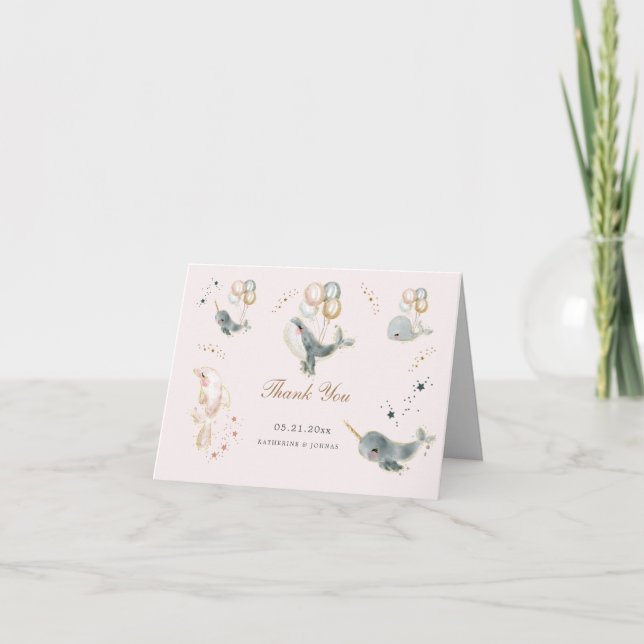 magical whales balloons stars baby shower  thank you card (Front)