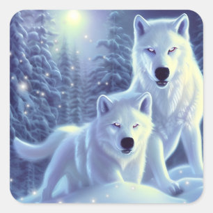 Magical White Arctic Wolves Fantasy Art Square Sticker