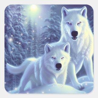 Magical White Arctic Wolves Fantasy Art Square Sticker