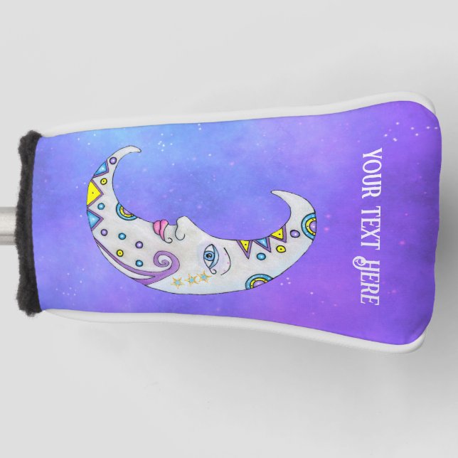 Magical White Decorated Moon With Face Purple Sky Golf Head Cover (Front)