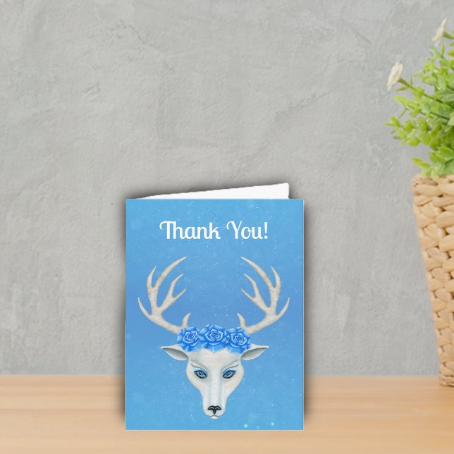 Magical White Deer Head blue Eyes Roses Antlers Thank You Card (Magical white deer head with blue eyes, roses and antlers on light blue Thank You card.)