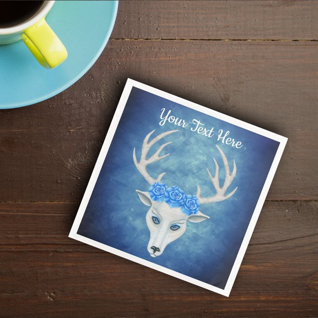 Magical White Deer Head Pretty Blue Roses Antlers Napkin (Fantasy white deer head with antlers and crown of blue roses on vibrant blues paper party napkins.)