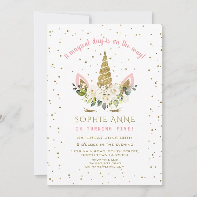 Magical White Floral Gold Unicorn Girl Birthday Invitation (Front)