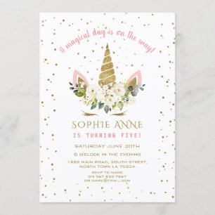 Magical White Floral Gold Unicorn Girl Birthday Invitation