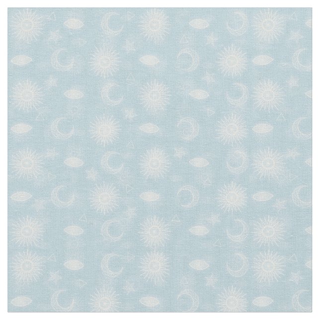 Magical White Moon Sun Stars Blue pattern Fabric (Close Up)