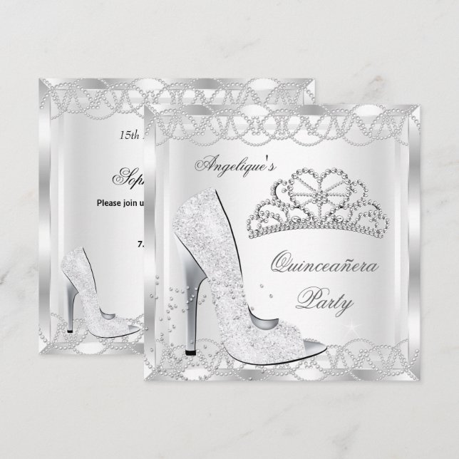 Magical White Silver Quinceanera High Heel Shoes Invitation (Front/Back)