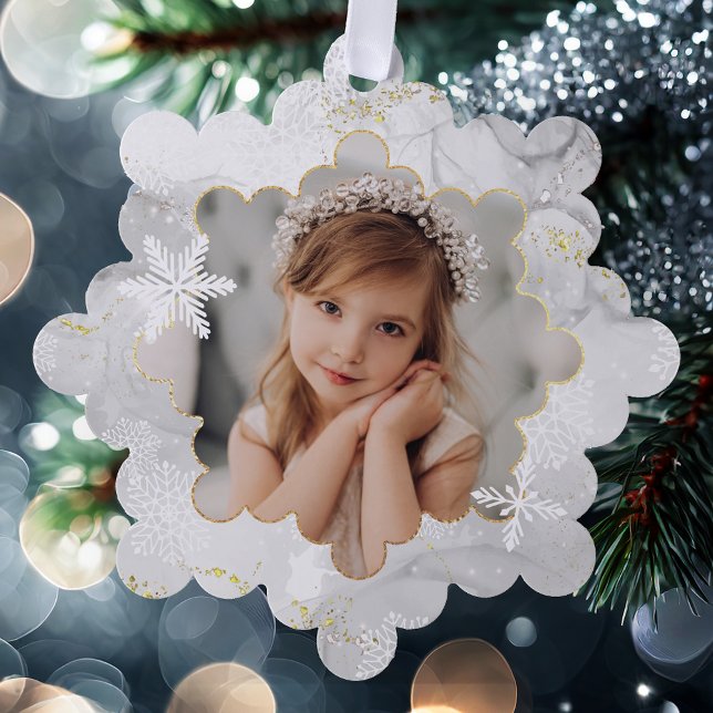 Magical White Snowflakes and Sparkles Photo Tree Decoration Card (Creator Uploaded)