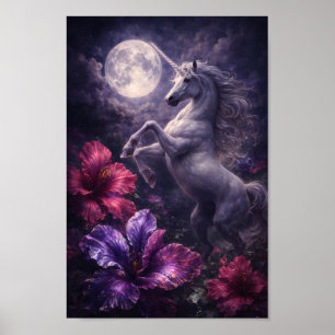 Magical White Unicorn - Horse Moon Fantasy Art Poster