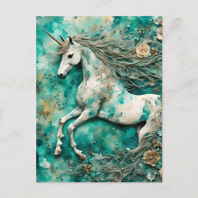 Magical White Unicorn Teal Background Postcard (Front)
